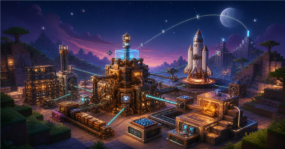 立方体の工房、物流設備、宇宙船を描いたModpack更新の抽象イラスト